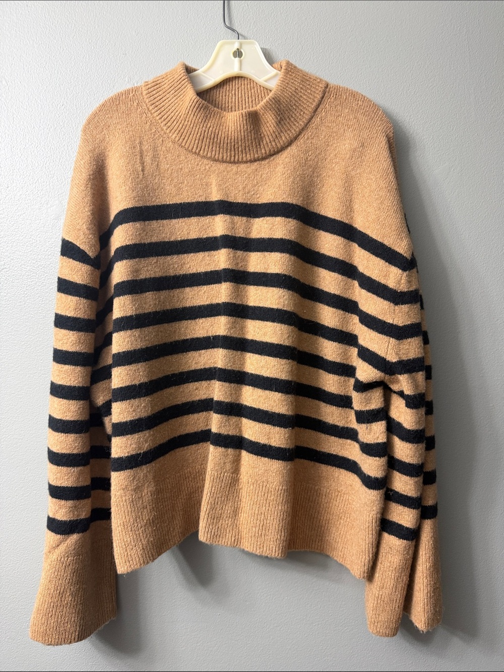 J.Crew Striped Mock Neck Sweater Camel Stripe Merino Wool Alpaca Cozy Classic - Picture 2 of 8